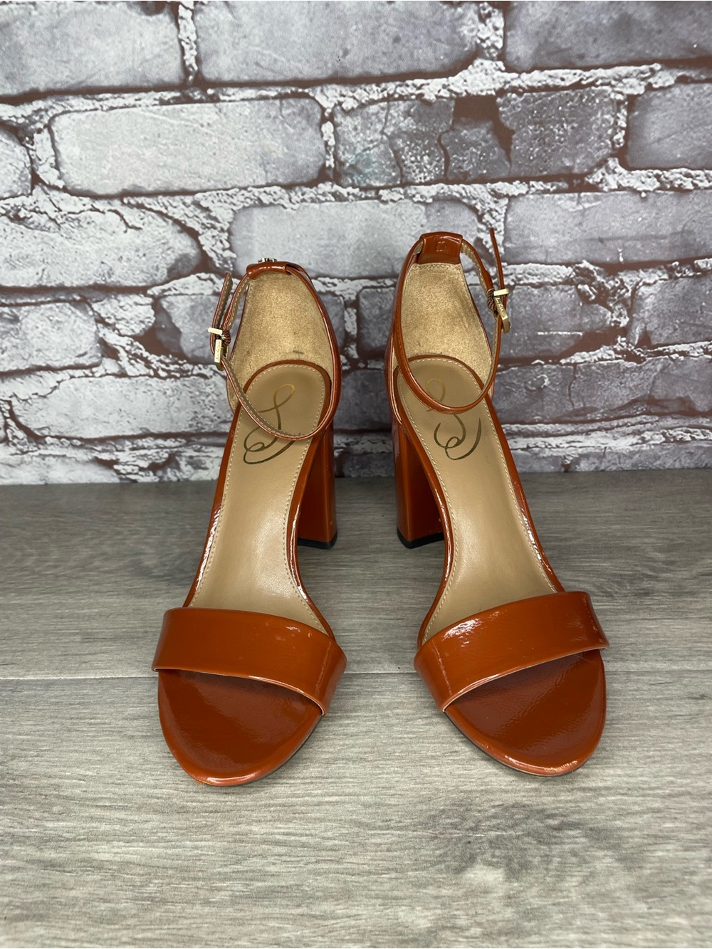 SAM EDELMAN Yaro Copper Camel Brown Patent Leather High Heels Sandals Women 38EU